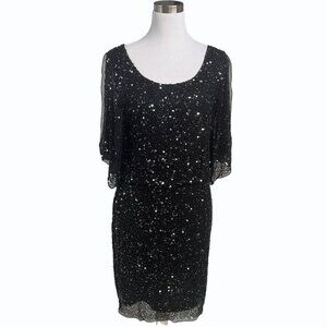 Pisarro Nights Black 100% Silk Sequin Dress Womens 8 Cold Shoulder Elegant LBD
